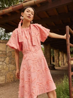 Dresses|Misook Mini Fit & Flare Dress - Puff Sleeve Fringe Applique Cotton OceanCoral