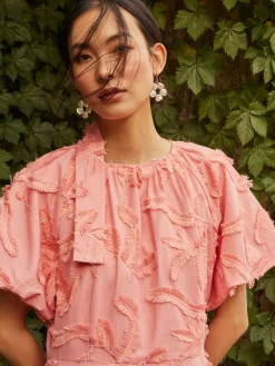 Dresses|Misook Mini Fit & Flare Dress - Puff Sleeve Fringe Applique Cotton OceanCoral