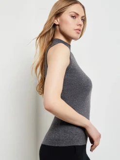 Tops & Tees|Tanks|Misook Mock Neck Cashmere Tank Top Charcoal