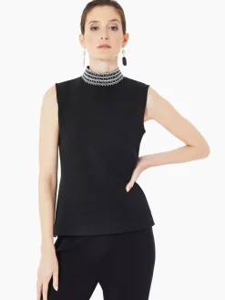 Tops & Tees|Tanks|Misook Mock Neck Embroidered Trim Knit Tank Top Black/NewIvory