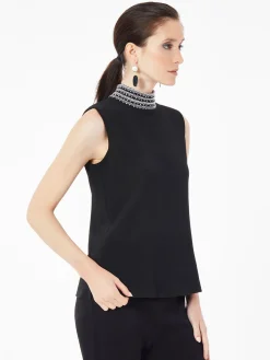Tops & Tees|Tanks|Misook Mock Neck Embroidered Trim Knit Tank Top Black/NewIvory