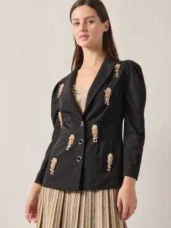 Jackets & Coats|Misook Modern Fit Beaded Applique Button Front Blazer Black/Gold