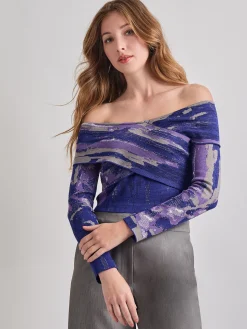 Tops & Tees|Misook Modern Fit Cropped Cross Body Watercolor Soft Knit Top StarryNightBlue/PlumRoyale/Mink/NewIvory/Black