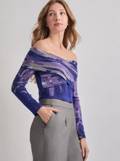 Tops & Tees|Misook Modern Fit Cropped Cross Body Watercolor Soft Knit Top StarryNightBlue/PlumRoyale/Mink/NewIvory/Black