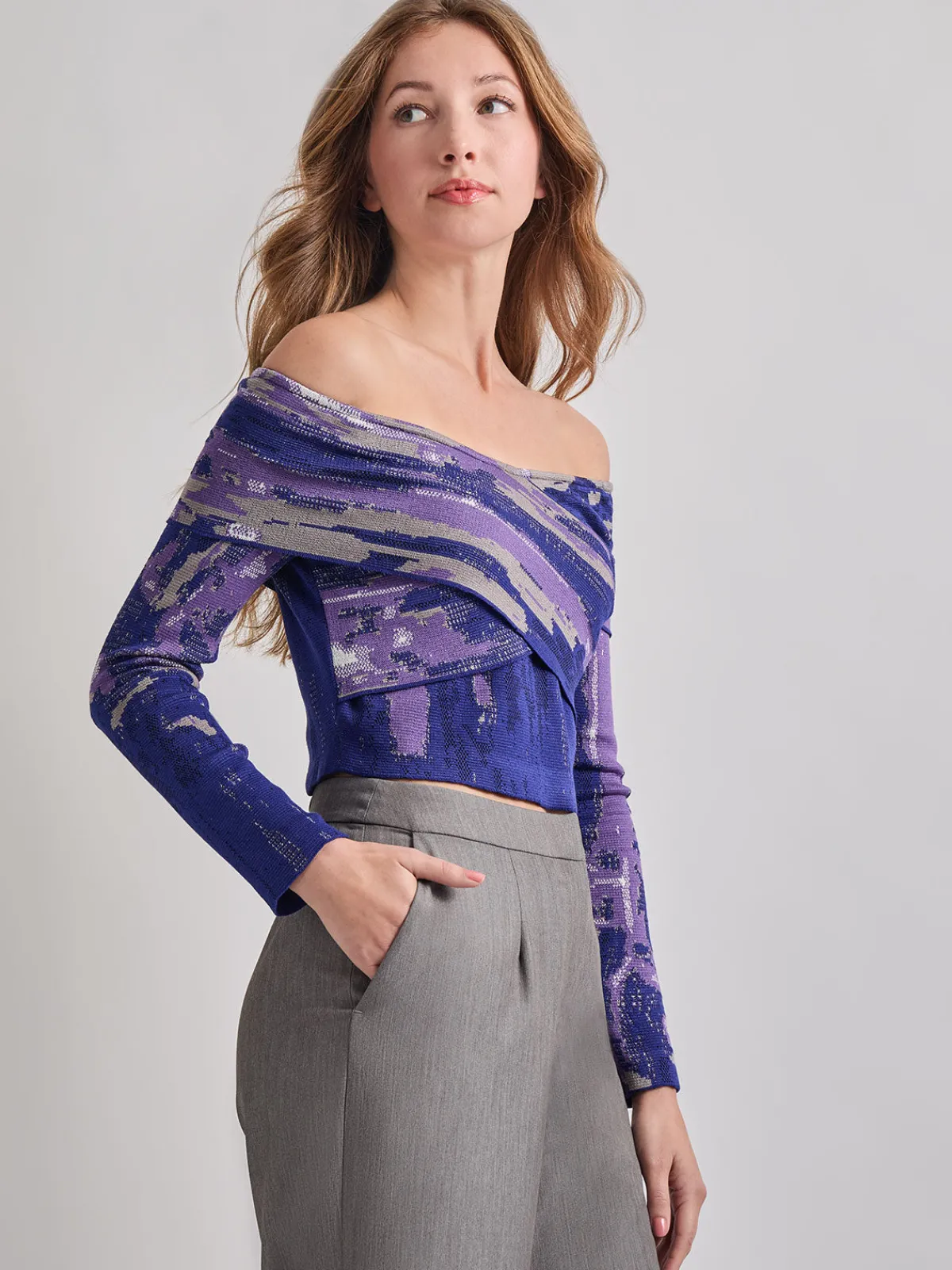 Tops & Tees|Misook Modern Fit Cropped Cross Body Watercolor Soft Knit Top StarryNightBlue/PlumRoyale/Mink/NewIvory/Black