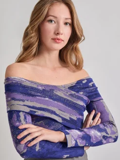 Tops & Tees|Misook Modern Fit Cropped Cross Body Watercolor Soft Knit Top StarryNightBlue/PlumRoyale/Mink/NewIvory/Black