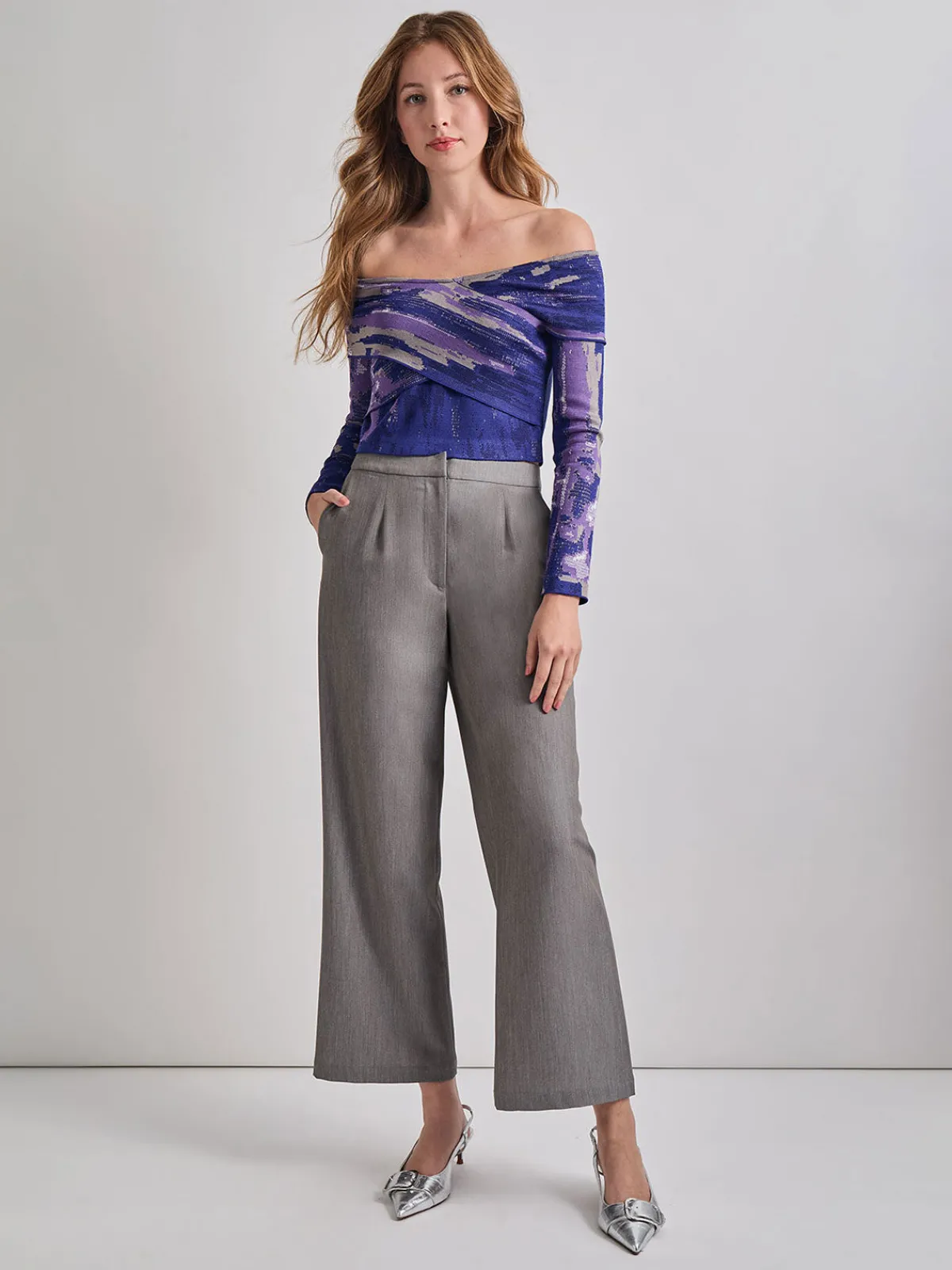 Tops & Tees|Misook Modern Fit Cropped Cross Body Watercolor Soft Knit Top StarryNightBlue/PlumRoyale/Mink/NewIvory/Black