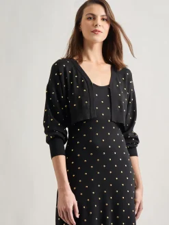 Jackets & Coats|Misook Modern Fit Cropped Gold Studded Soft Knit Cardigan Black