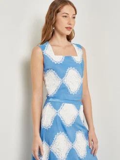 Tops & Tees|Tanks|Misook Modern Fit Lace Inset Woven Cropped Tank AdriaticBlue/White