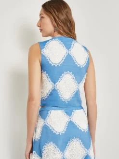 Tops & Tees|Tanks|Misook Modern Fit Lace Inset Woven Cropped Tank AdriaticBlue/White