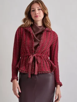 Jackets & Coats|Misook Modern Fit Linear Fringe Tweed Belted Knit Jacket Rouge/Macchiato/Mahogany/NewIvory
