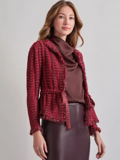 Jackets & Coats|Misook Modern Fit Linear Fringe Tweed Belted Knit Jacket Rouge/Macchiato/Mahogany/NewIvory