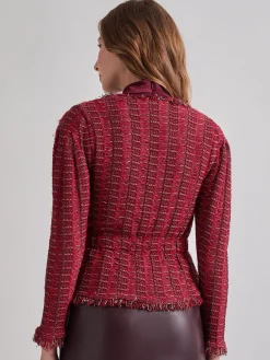 Jackets & Coats|Misook Modern Fit Linear Fringe Tweed Belted Knit Jacket Rouge/Macchiato/Mahogany/NewIvory