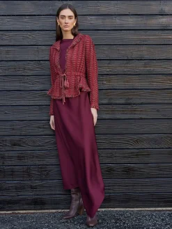 Jackets & Coats|Misook Modern Fit Linear Fringe Tweed Belted Knit Jacket Rouge/Macchiato/Mahogany/NewIvory