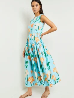 Dresses|Misook Modern Fit Maxi Drop Waist Floral Cotton Dress CaribbeanMist/PeachBlossom/VerdantClover/PaleGold