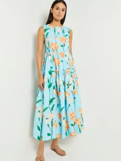 Dresses|Misook Modern Fit Maxi Drop Waist Floral Cotton Dress CaribbeanMist/PeachBlossom/VerdantClover/PaleGold