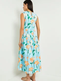 Dresses|Misook Modern Fit Maxi Drop Waist Floral Cotton Dress CaribbeanMist/PeachBlossom/VerdantClover/PaleGold
