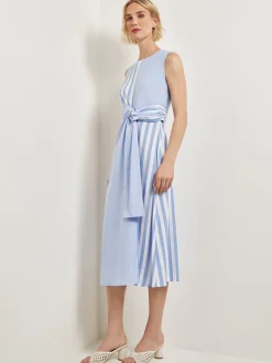Dresses|Misook Modern Fit Midi A-Line Dress - Split Pattern Cotton AdriaticBlue/NewIvory