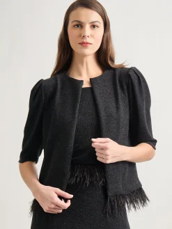 Jackets & Coats|Misook Modern Fit Ostrich Feather Trim Stretch Woven Jacket Black