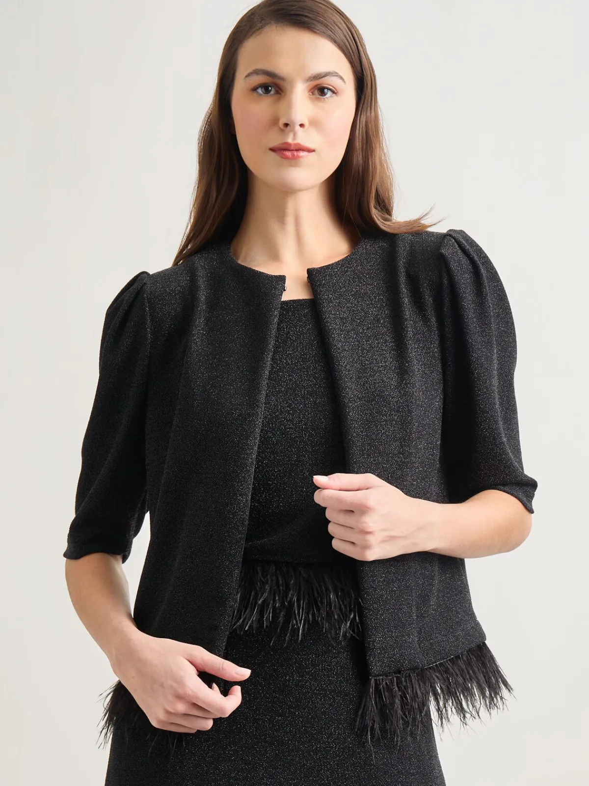 Jackets & Coats|Misook Modern Fit Ostrich Feather Trim Stretch Woven Jacket Black