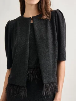 Jackets & Coats|Misook Modern Fit Ostrich Feather Trim Stretch Woven Jacket Black
