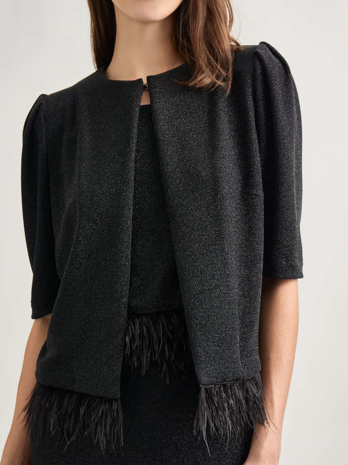 Jackets & Coats|Misook Modern Fit Ostrich Feather Trim Stretch Woven Jacket Black
