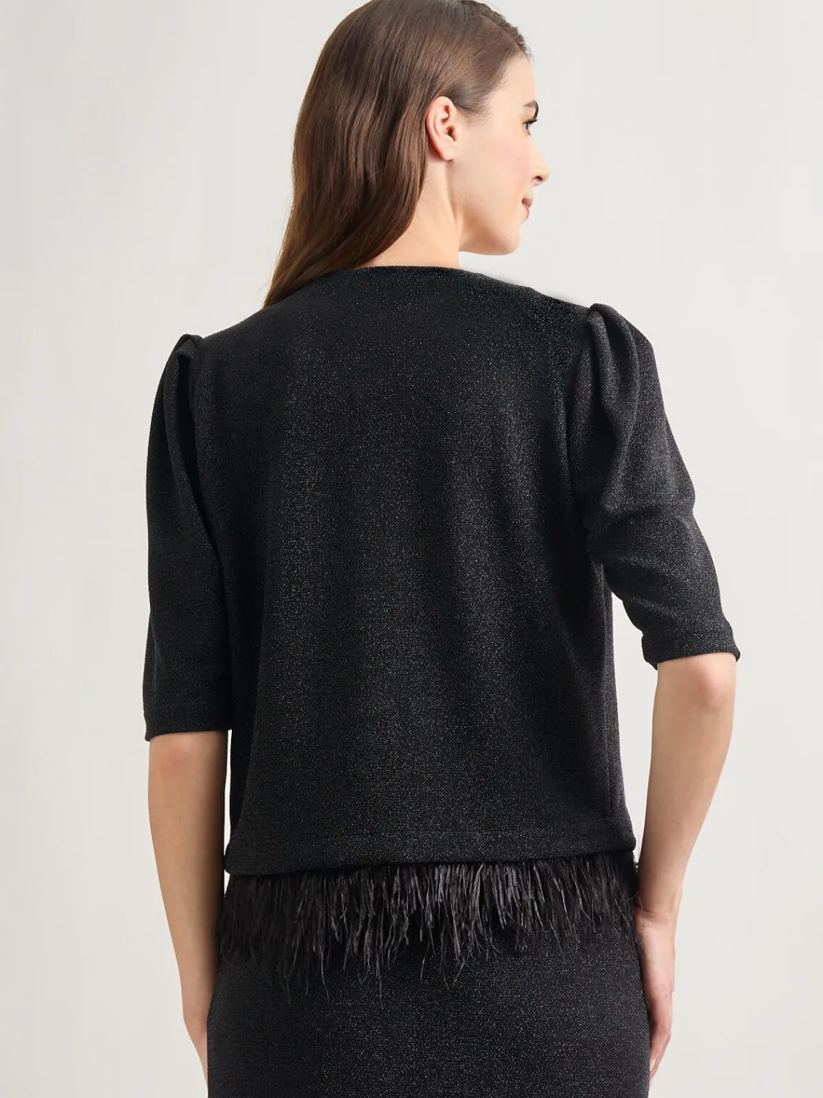 Jackets & Coats|Misook Modern Fit Ostrich Feather Trim Stretch Woven Jacket Black