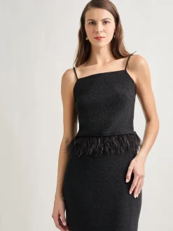 Tops & Tees|Tanks|Misook Modern Fit Ostrich Feather Trim Stretch Woven Tank Black