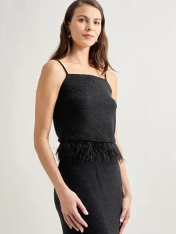 Tops & Tees|Tanks|Misook Modern Fit Ostrich Feather Trim Stretch Woven Tank Black