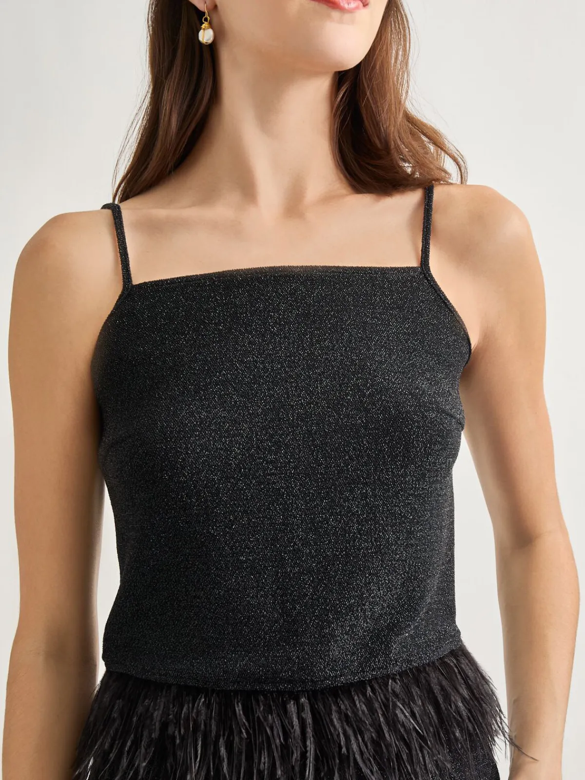 Tops & Tees|Tanks|Misook Modern Fit Ostrich Feather Trim Stretch Woven Tank Black