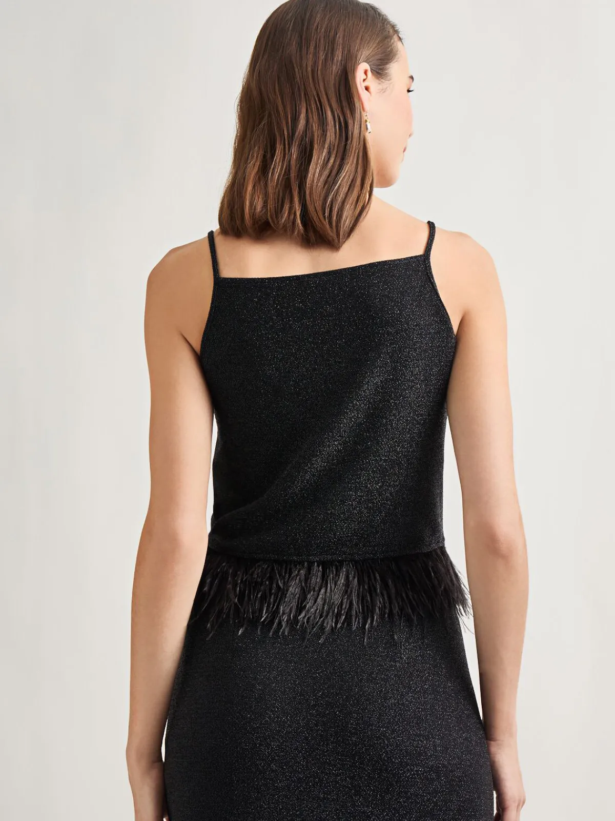Tops & Tees|Tanks|Misook Modern Fit Ostrich Feather Trim Stretch Woven Tank Black