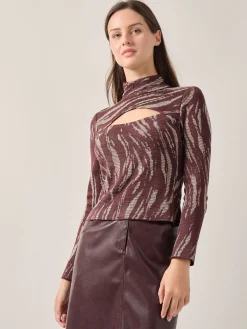 Tops & Tees|Misook Modern Fit Oval Front Cutout Jacquard Knit Top Mahogany/Macchiato/NewIvory