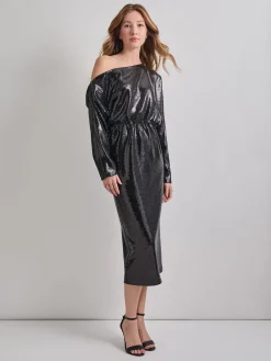 Dresses|Misook Modern Fit Sequin Novelty Woven Blouson Midi Dress Black