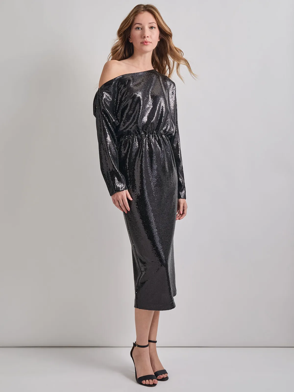 Dresses|Misook Modern Fit Sequin Novelty Woven Blouson Midi Dress Black