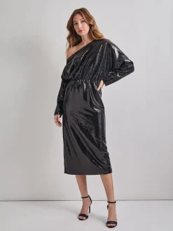 Dresses|Misook Modern Fit Sequin Novelty Woven Blouson Midi Dress Black