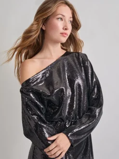 Dresses|Misook Modern Fit Sequin Novelty Woven Blouson Midi Dress Black