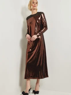 Dresses|Misook Modern Fit Sheer Shoulder Sequin A-Line Maxi Dress Mahogany