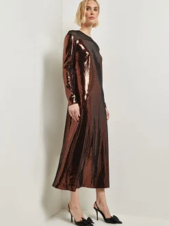 Dresses|Misook Modern Fit Sheer Shoulder Sequin A-Line Maxi Dress Mahogany