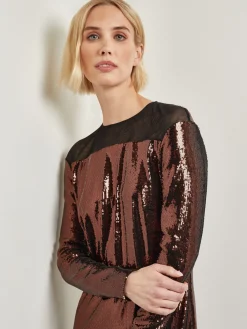 Dresses|Misook Modern Fit Sheer Shoulder Sequin A-Line Maxi Dress Mahogany