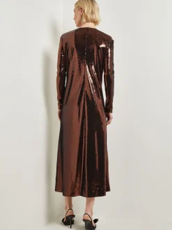 Dresses|Misook Modern Fit Sheer Shoulder Sequin A-Line Maxi Dress Mahogany