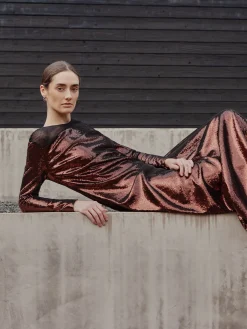 Dresses|Misook Modern Fit Sheer Shoulder Sequin A-Line Maxi Dress Mahogany