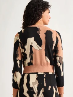 Tops & Tees|Misook Modern Fit Short Jacquard Soft Knit Sweater Top Goldenwood/Parchment/Black