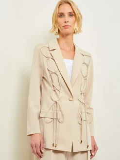 Jackets & Coats|Misook Modern Fit Single Button Jacket - Lace Tie Detail Woven Biscotti