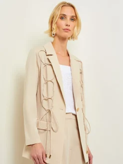 Jackets & Coats|Misook Modern Fit Single Button Jacket - Lace Tie Detail Woven Biscotti