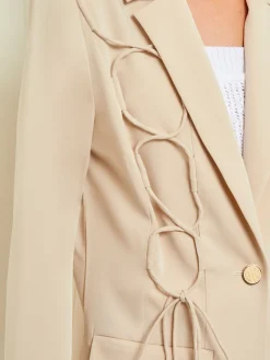 Jackets & Coats|Misook Modern Fit Single Button Jacket - Lace Tie Detail Woven Biscotti