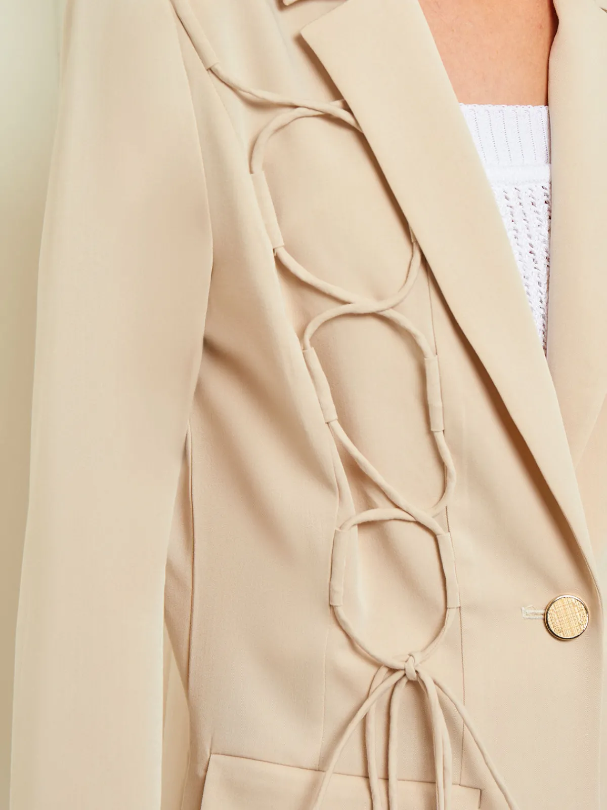 Jackets & Coats|Misook Modern Fit Single Button Jacket - Lace Tie Detail Woven Biscotti