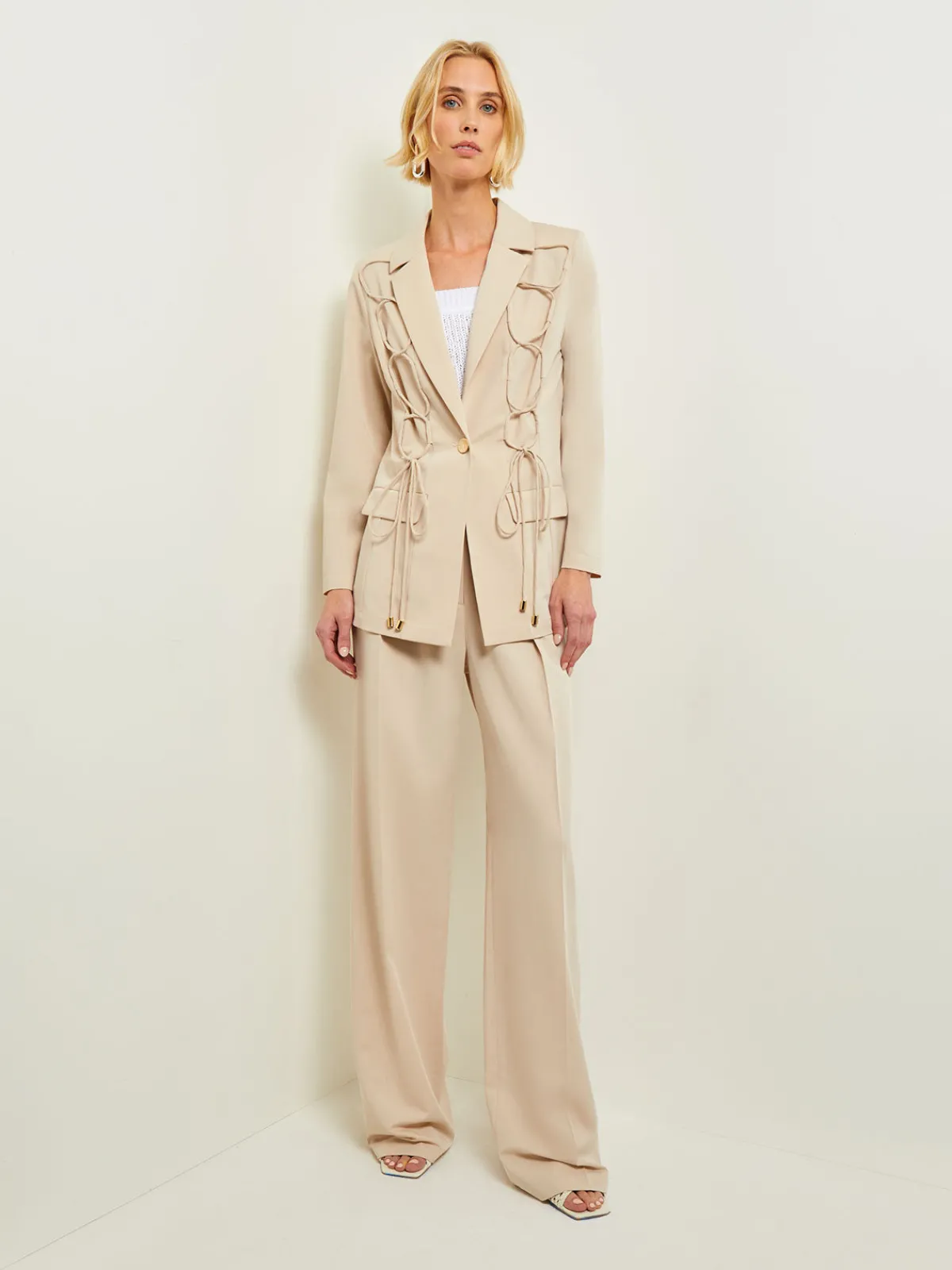 Jackets & Coats|Misook Modern Fit Single Button Jacket - Lace Tie Detail Woven Biscotti