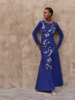 Dresses|Misook Modern Fit-and-Flare Embroidered Floral Knit Maxi Dress StarryNightBlue/Mink/NewIvory/Black