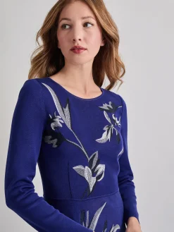 Dresses|Misook Modern Fit-and-Flare Embroidered Floral Knit Maxi Dress StarryNightBlue/Mink/NewIvory/Black