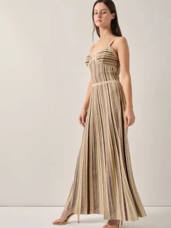 Dresses|Misook Modern Fit-and-Flare Lurex Striped Knit Maxi Dress Biscotti/Mahogany/Gold